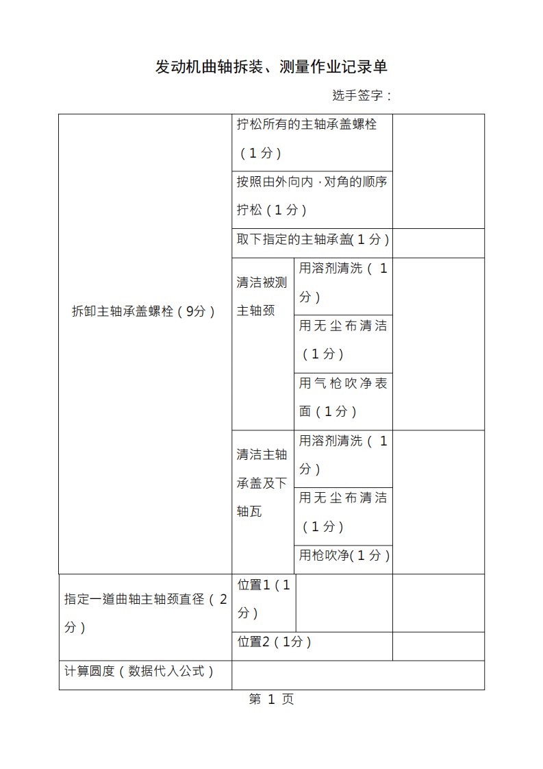 发动机曲轴拆装与检测作业表和评分表