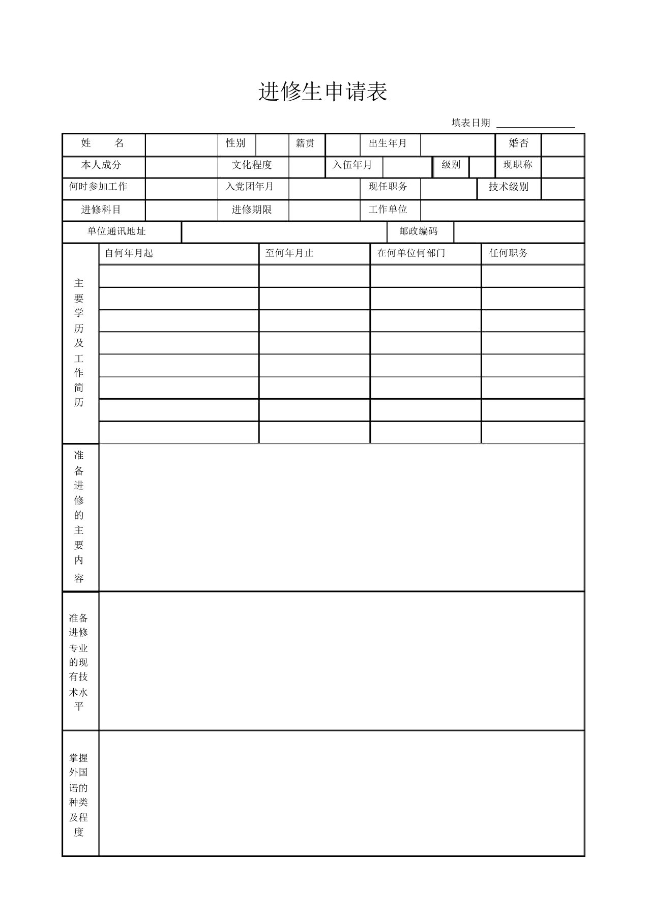 第四军医大进修申请表