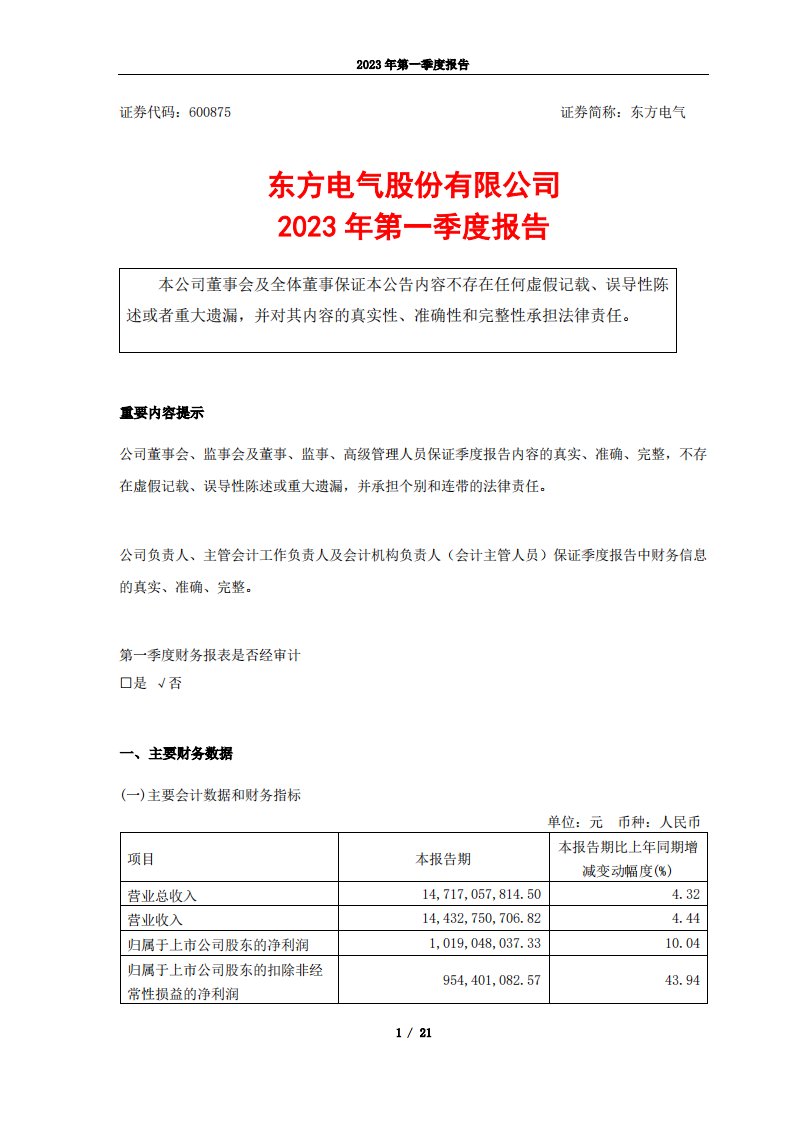 上交所-东方电气股份有限公司2023年第一季度报告-20230428