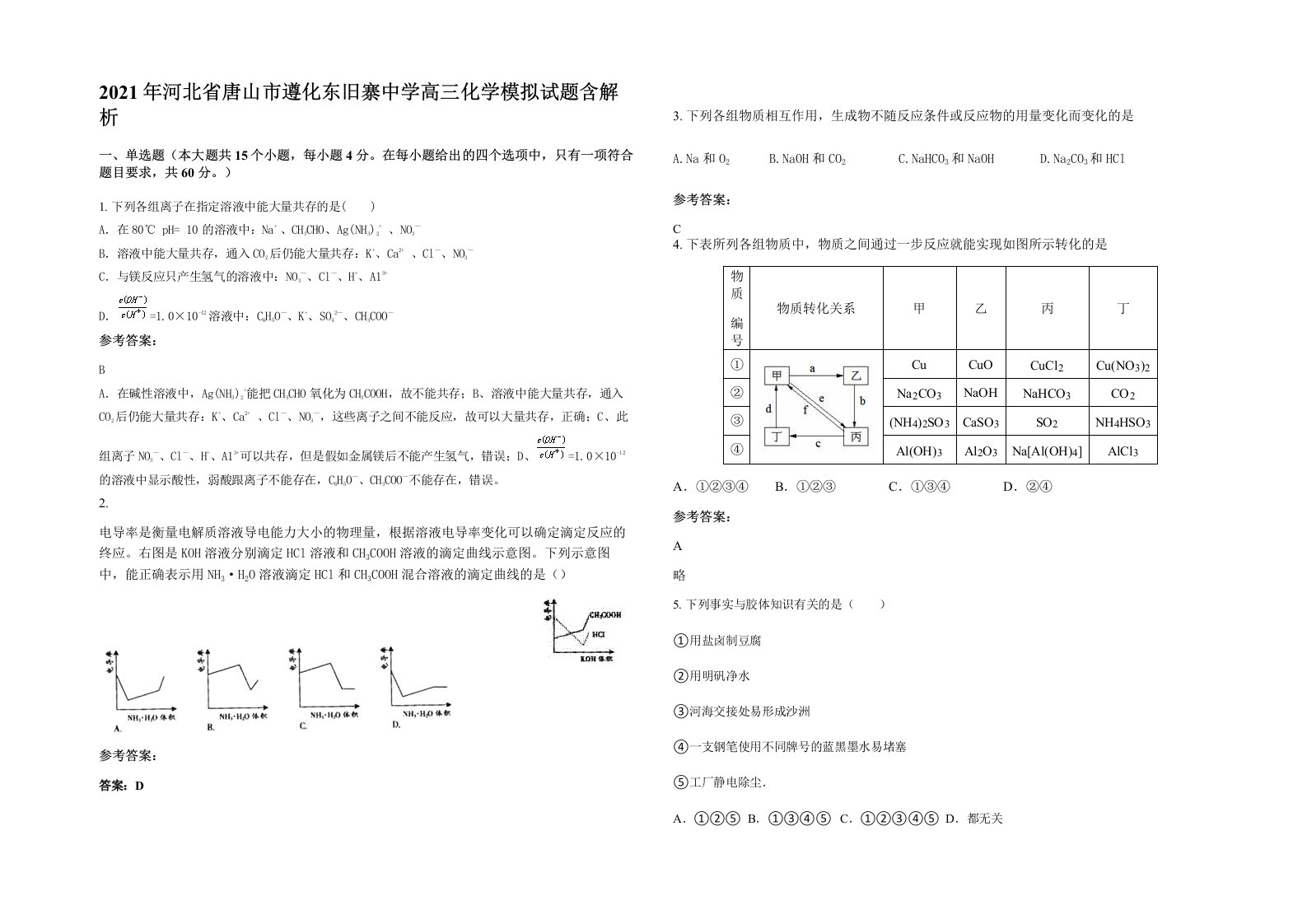 2021年河北省唐山市遵化东旧寨中学高三化学模拟试题含解析