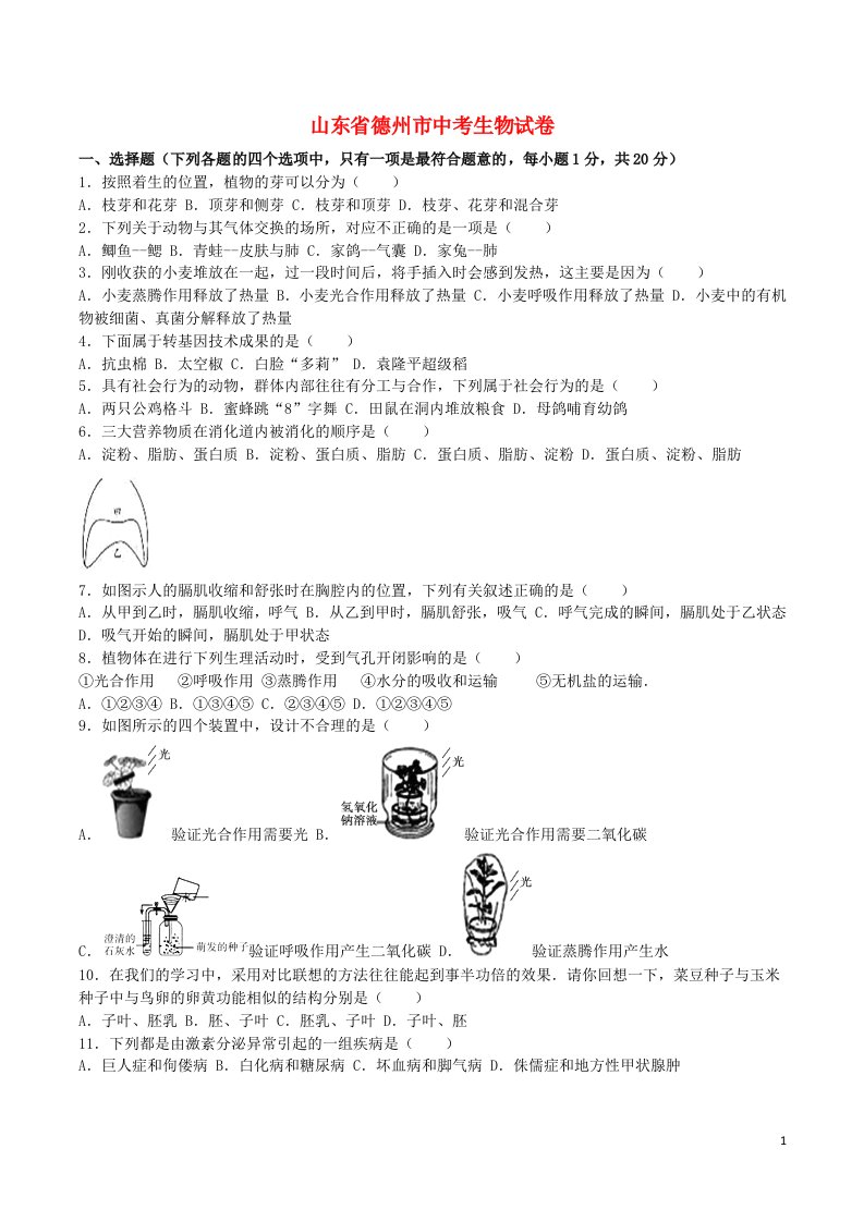 山东省德州市中考生物真题试题（含解析）