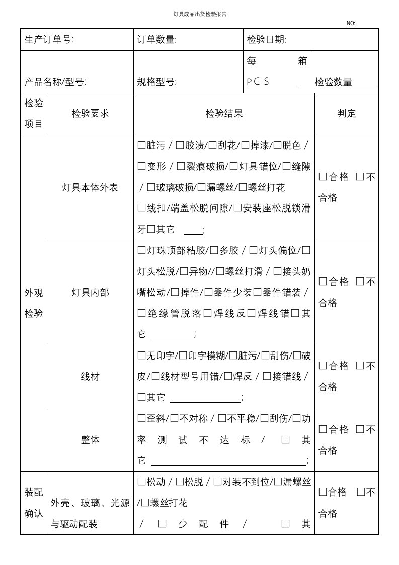 灯具成品出货检验报告