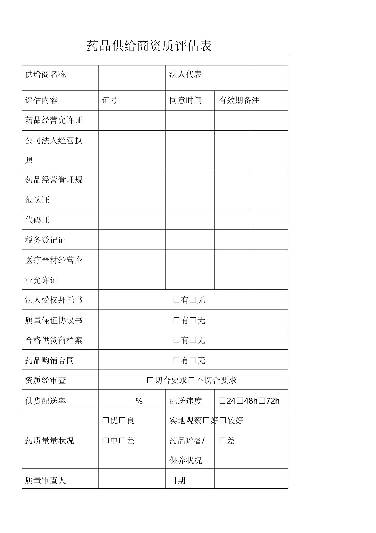 药品供应商资质评估表