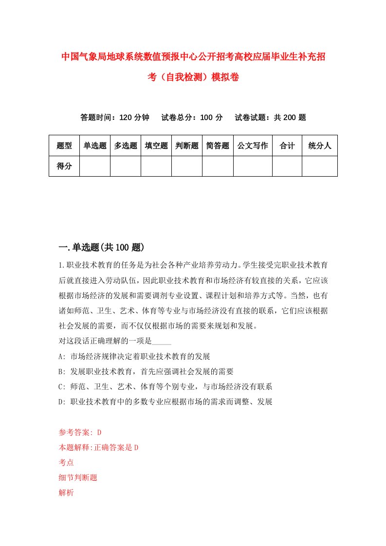 中国气象局地球系统数值预报中心公开招考高校应届毕业生补充招考自我检测模拟卷第6次