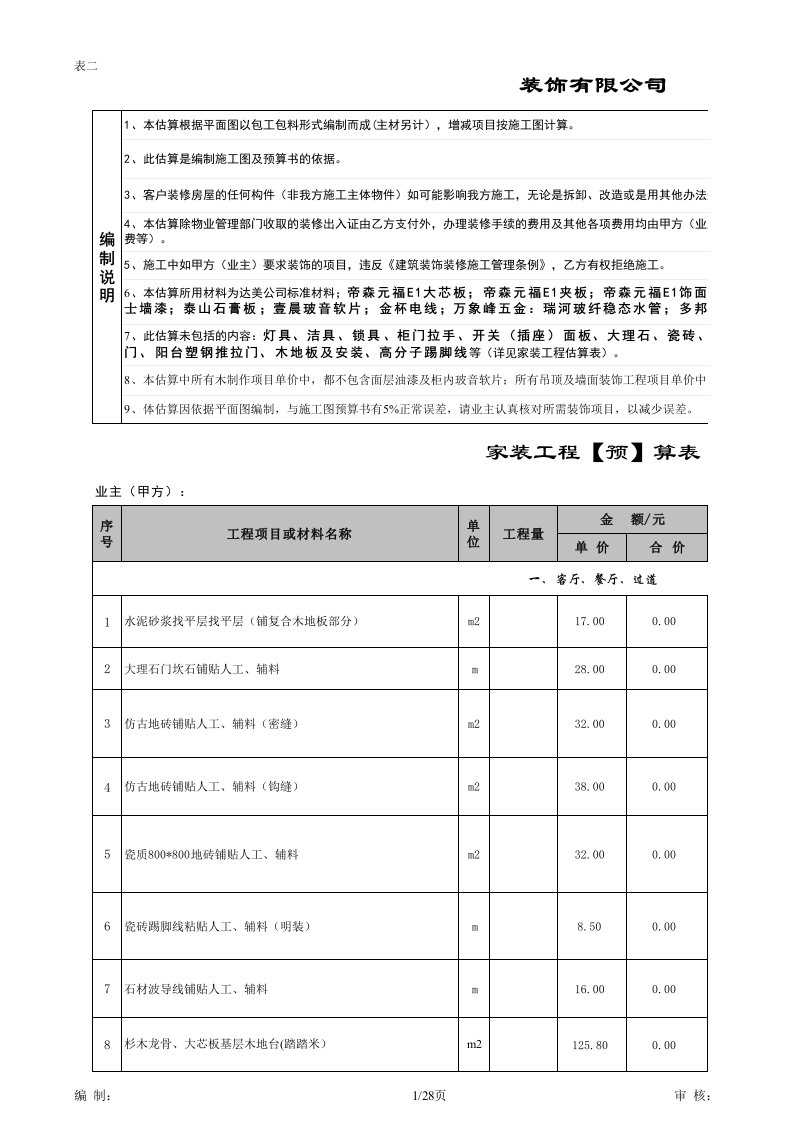 装饰工程预算模板