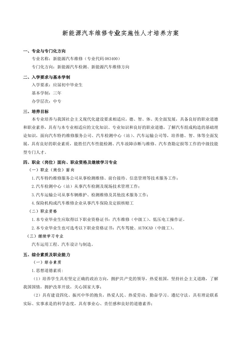 新能源汽车维修人才培养方案