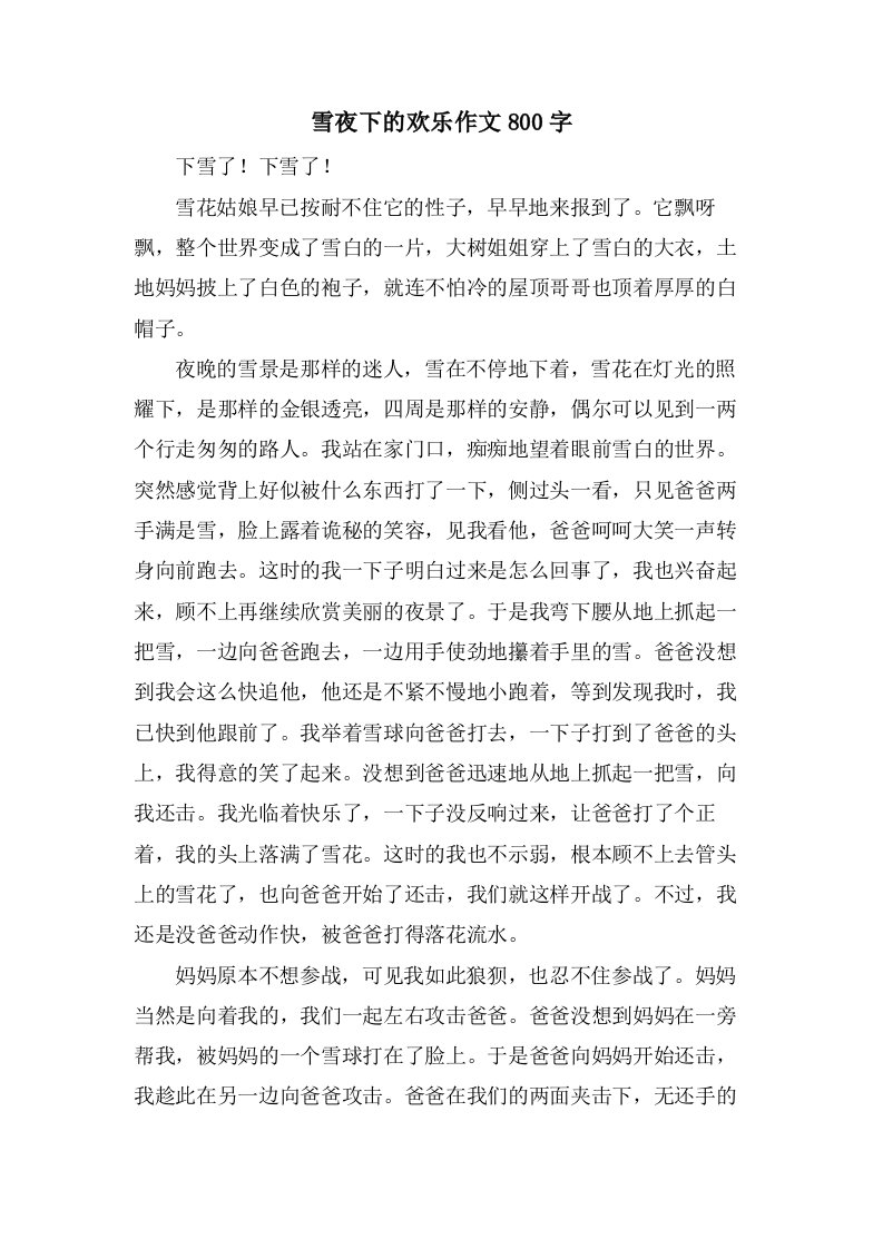 雪夜下的欢乐作文800字