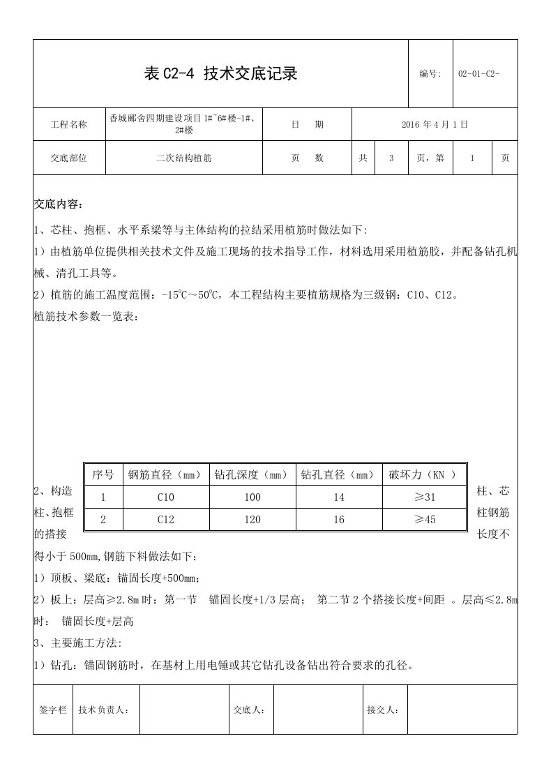 工艺工法qc高层住宅楼二次结构植筋技术交底