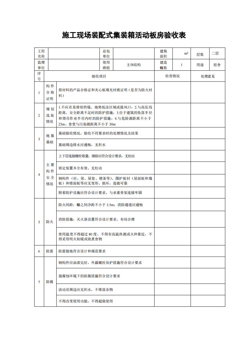 施工现场装配式集装箱活动板房验收表