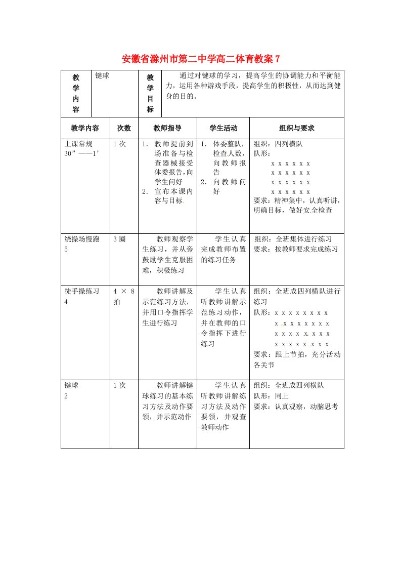 安徽省滁州市第二中学高二体育教案7