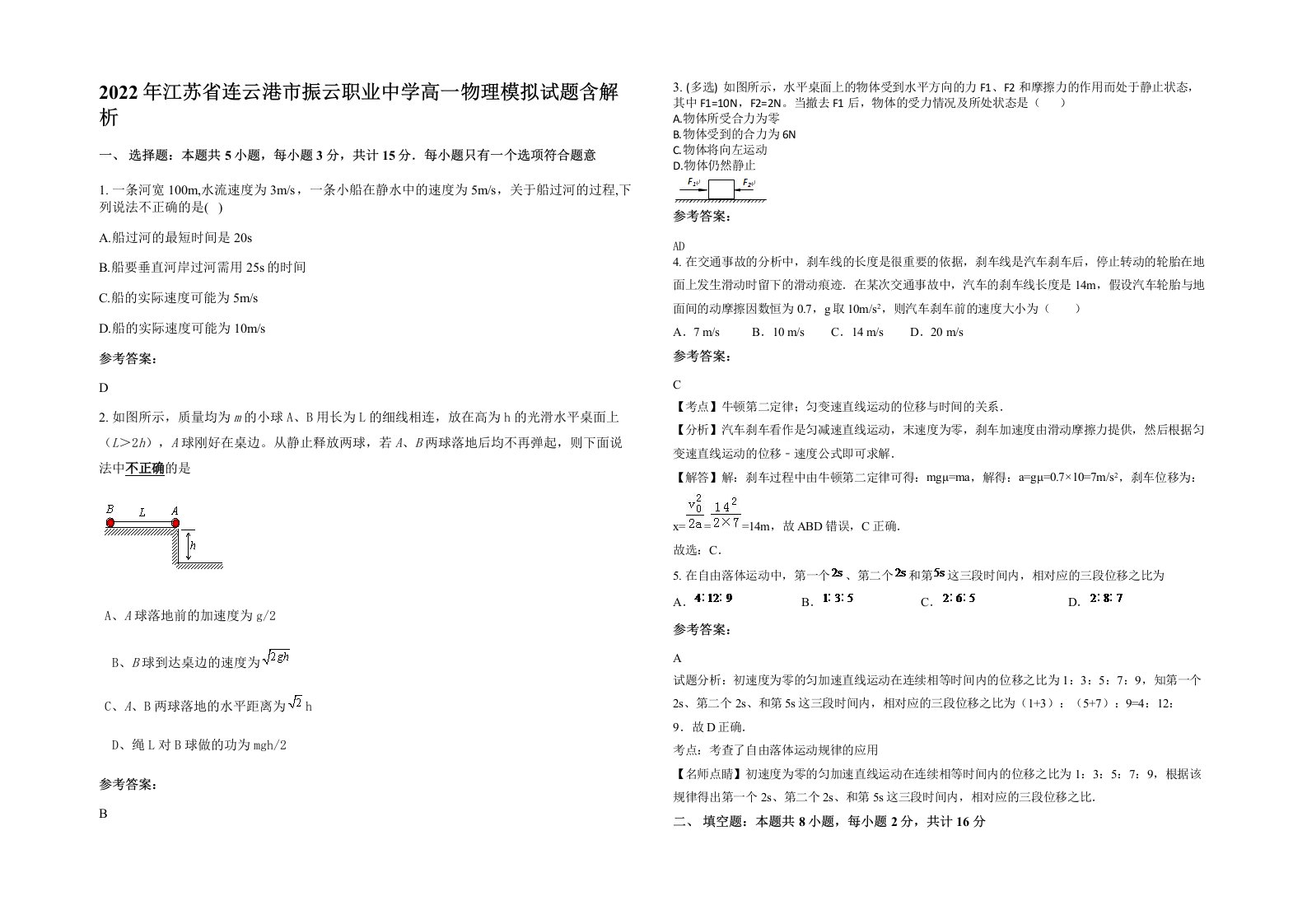 2022年江苏省连云港市振云职业中学高一物理模拟试题含解析