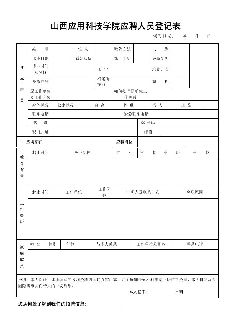 山西应用科技学院应聘人员登记表