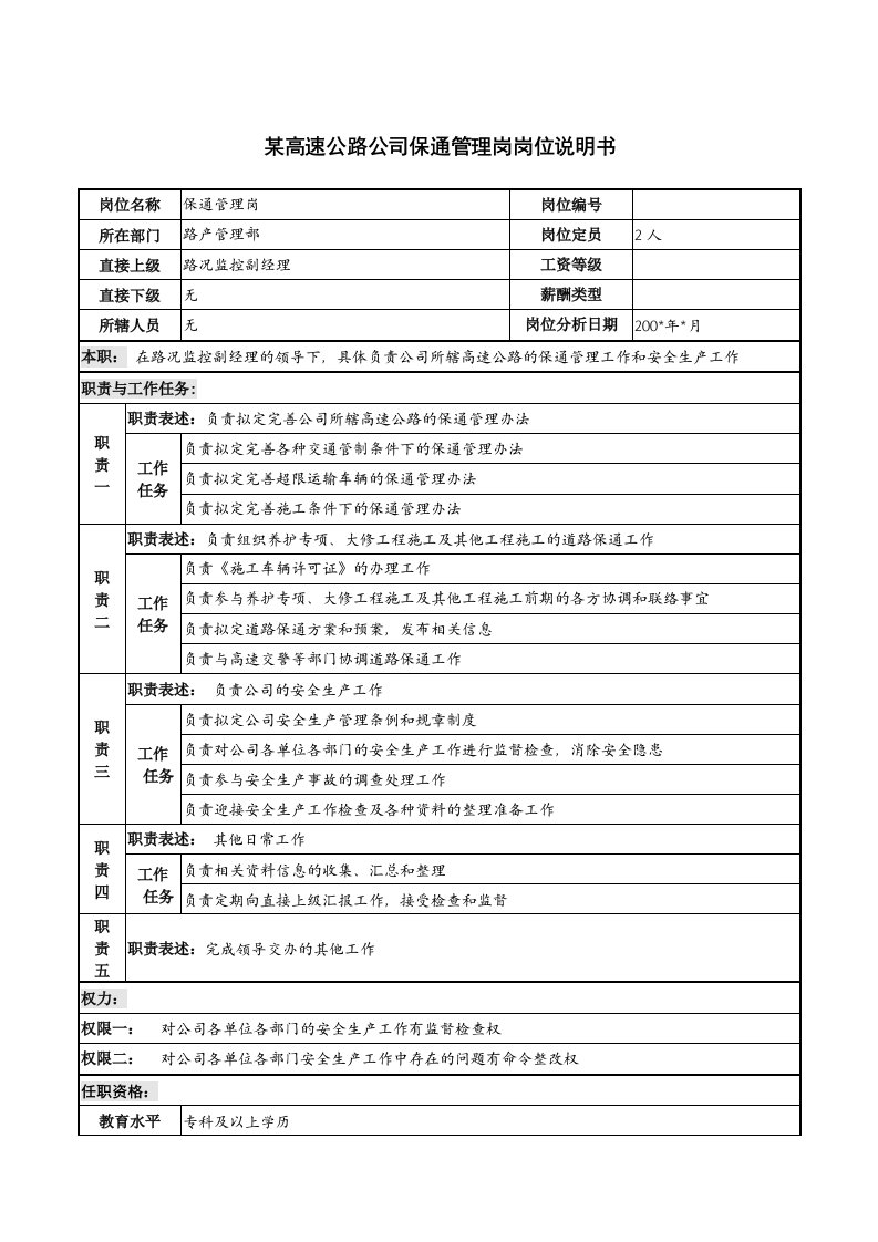 高速公路公司保通管理岗岗位说明书