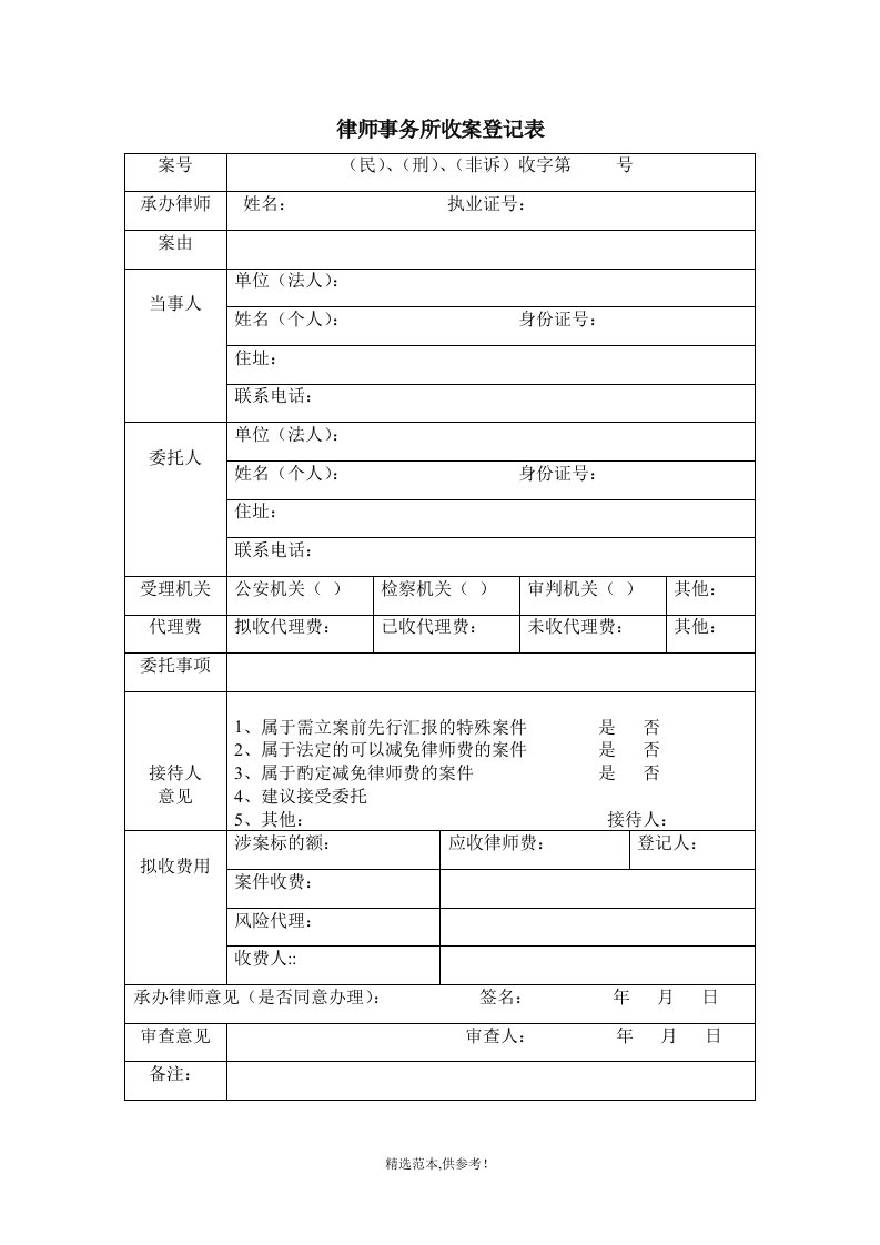 律师事务所收案登记表