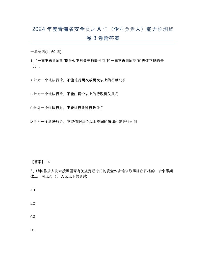 2024年度青海省安全员之A证企业负责人能力检测试卷B卷附答案