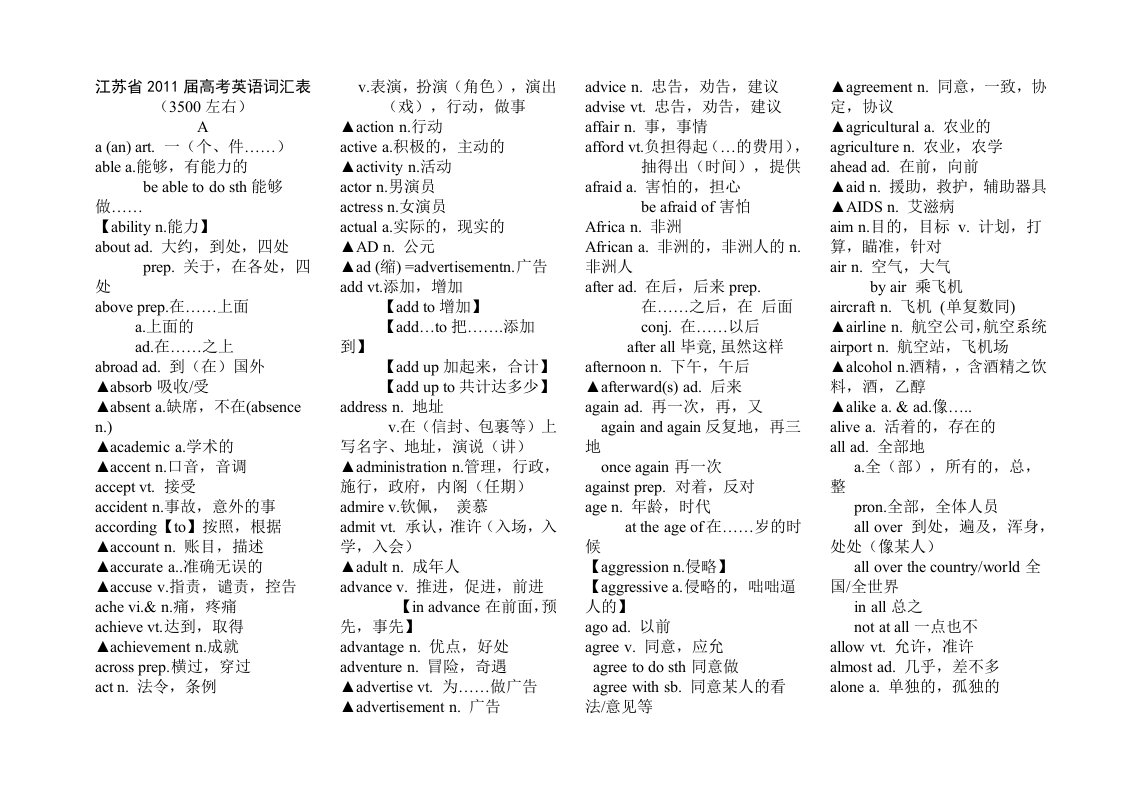 江苏省2011届高考英语词汇表(约3500)补充常见词组