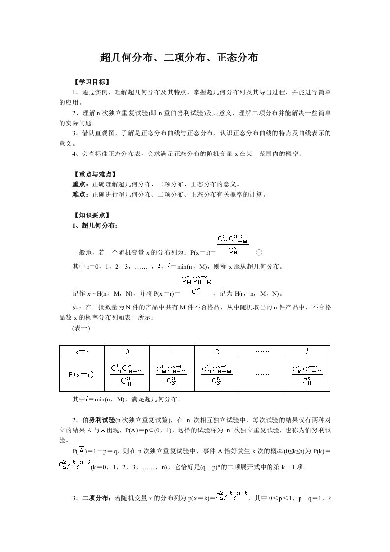 超几何分布、二项分布、正态分布