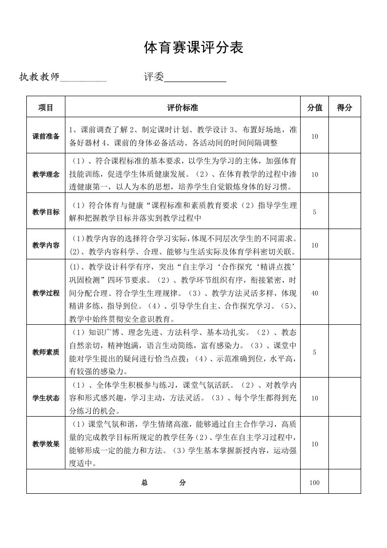 体育课堂标准教学评分表