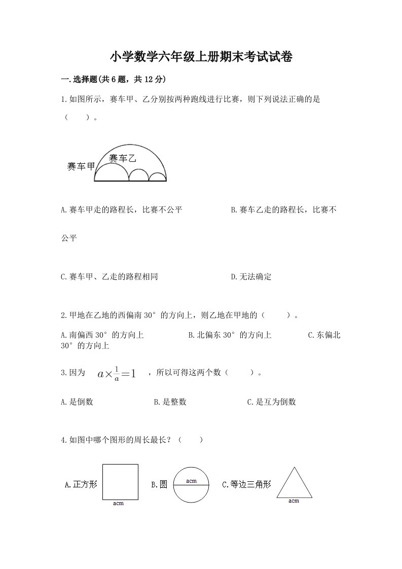 小学数学六年级上册期末考试试卷a4版打印