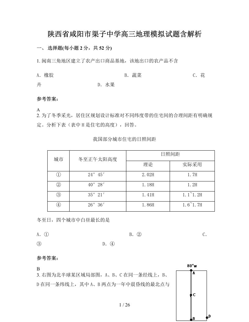 陕西省咸阳市渠子中学高三地理模拟试题含解析