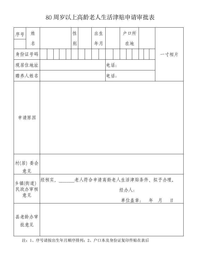 80周岁以上高龄老人生活津贴申请审批表