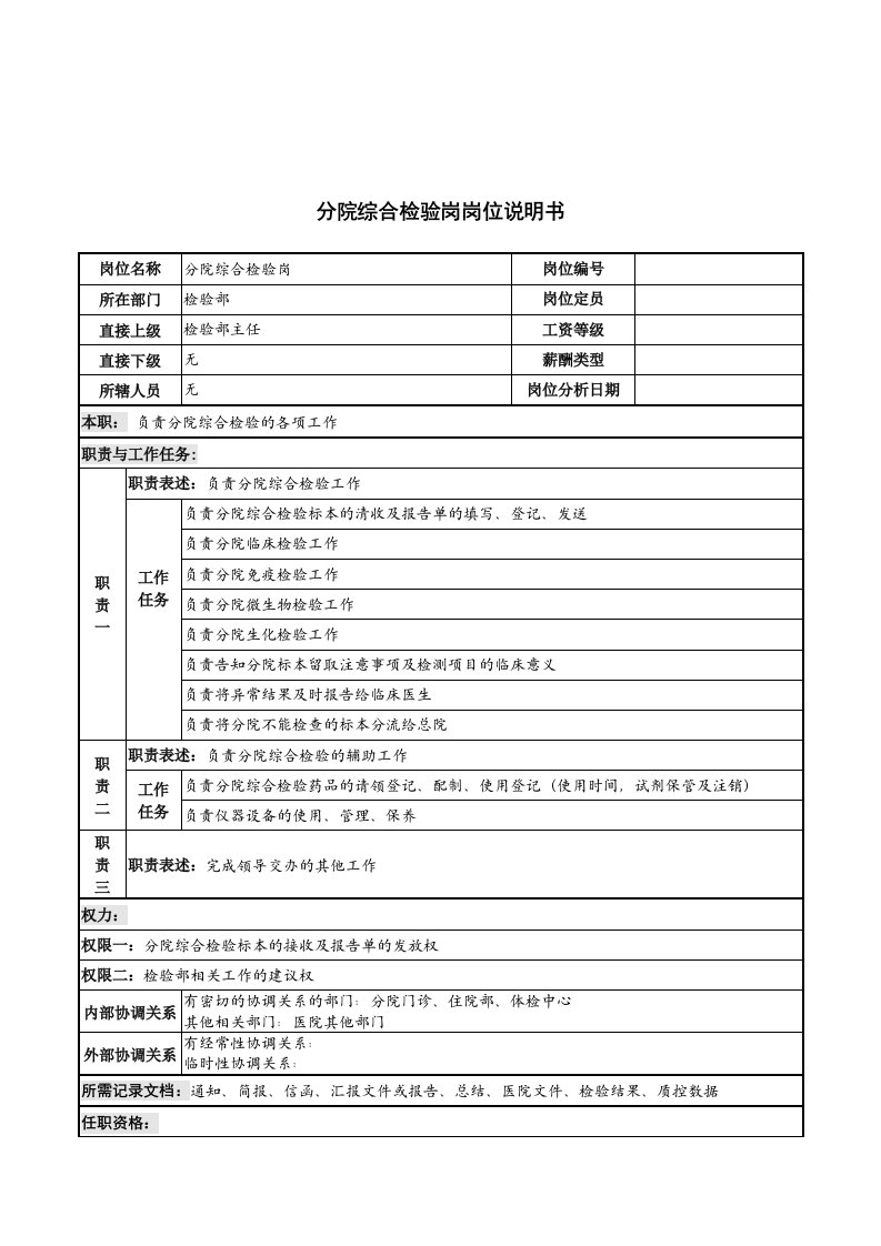 检验员岗位说明书汇总0