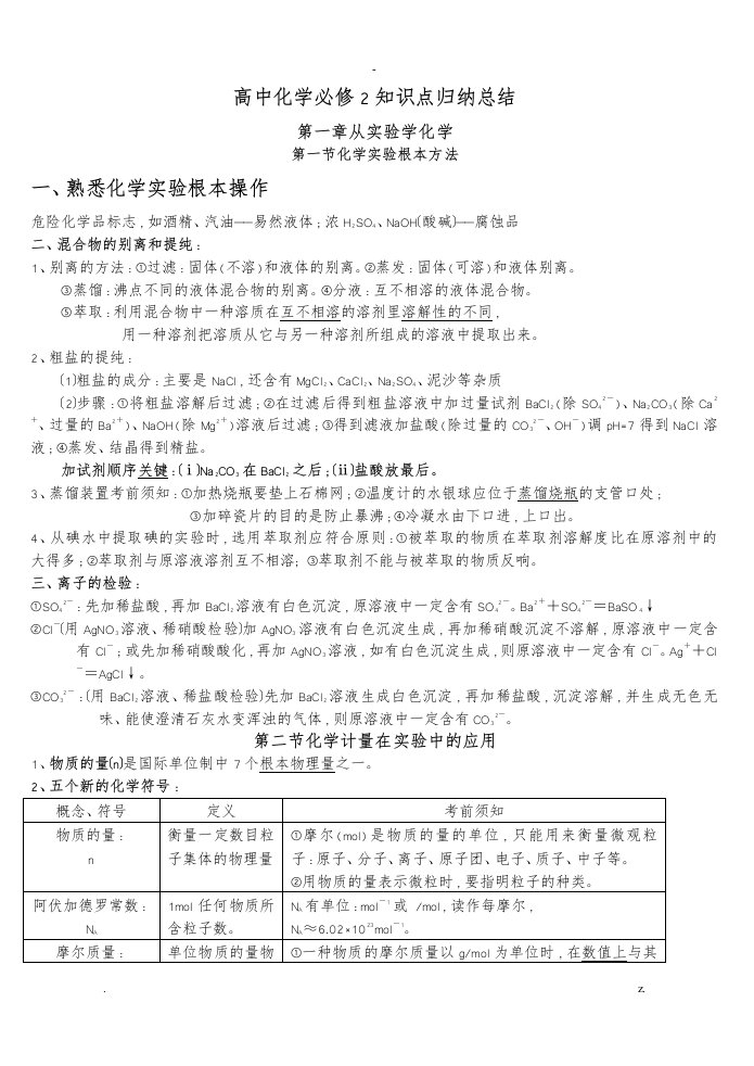 高中化学必修1知识点归纳总结律