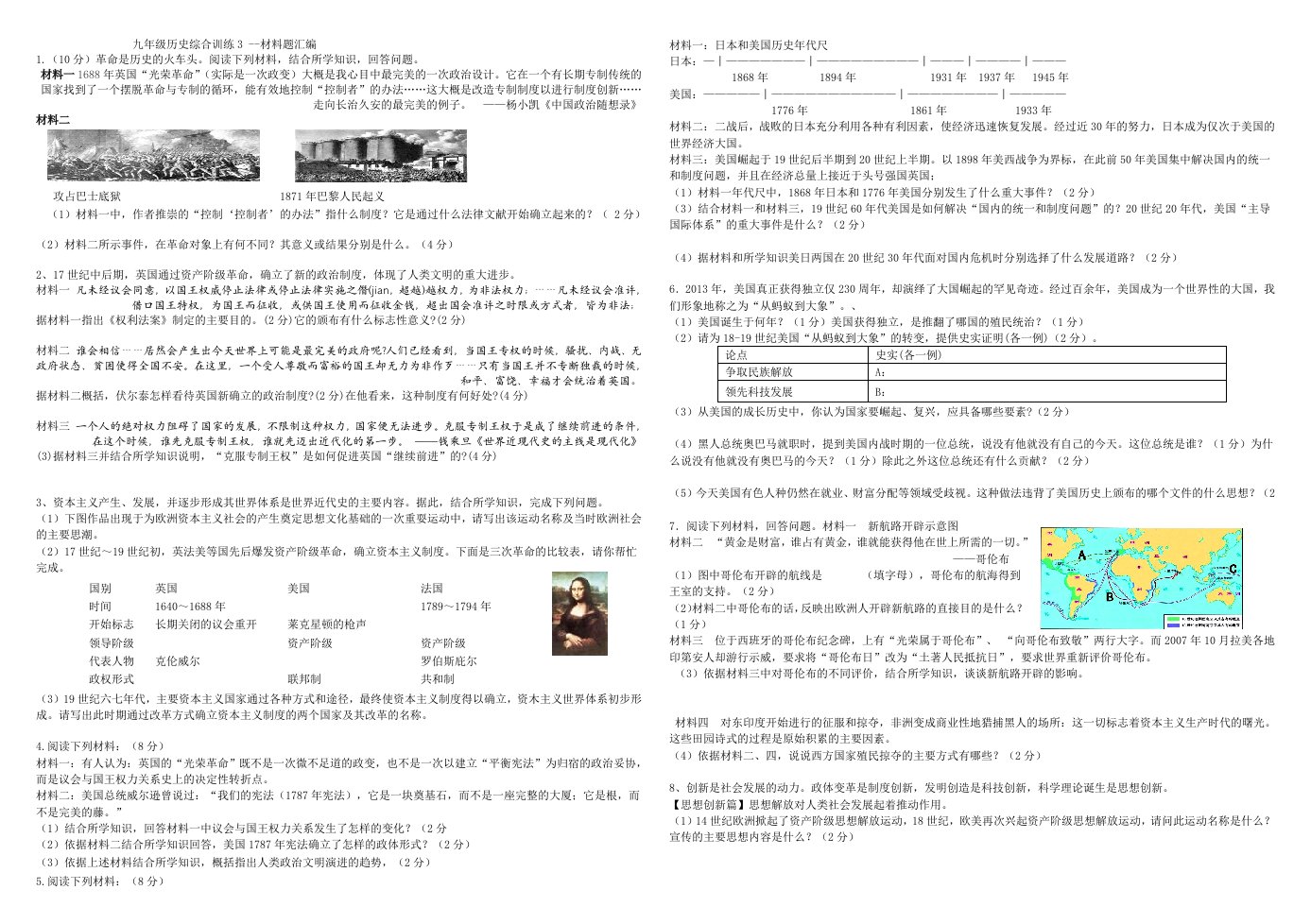 九年级历史综合训练材料题汇编