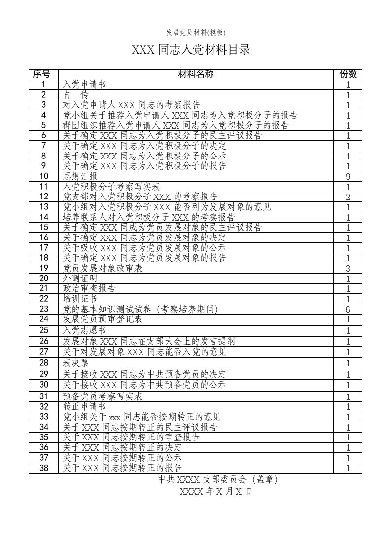 发展党员材料(模板)参考范本