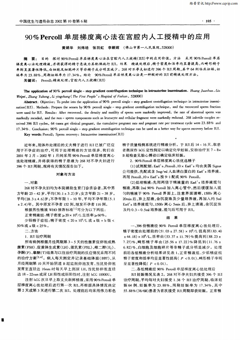 90％Percoll单层梯度离心法在宫腔内人工授精中的应用.pdf