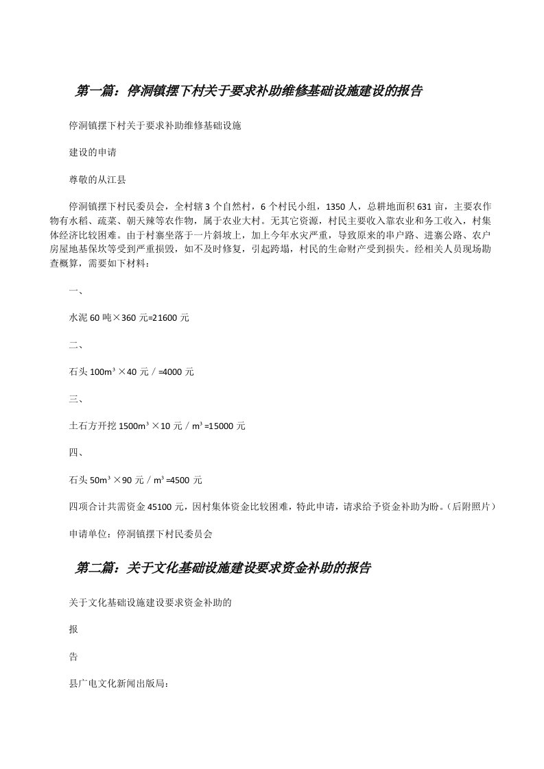 停洞镇摆下村关于要求补助维修基础设施建设的报告[修改版]