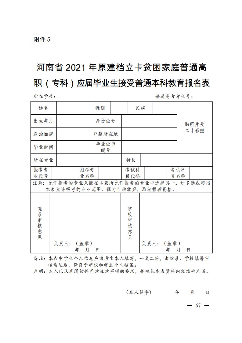 河南省2021年原建档立卡贫困家庭普通高职（专科）应届毕业生接受普通本科教育报名表