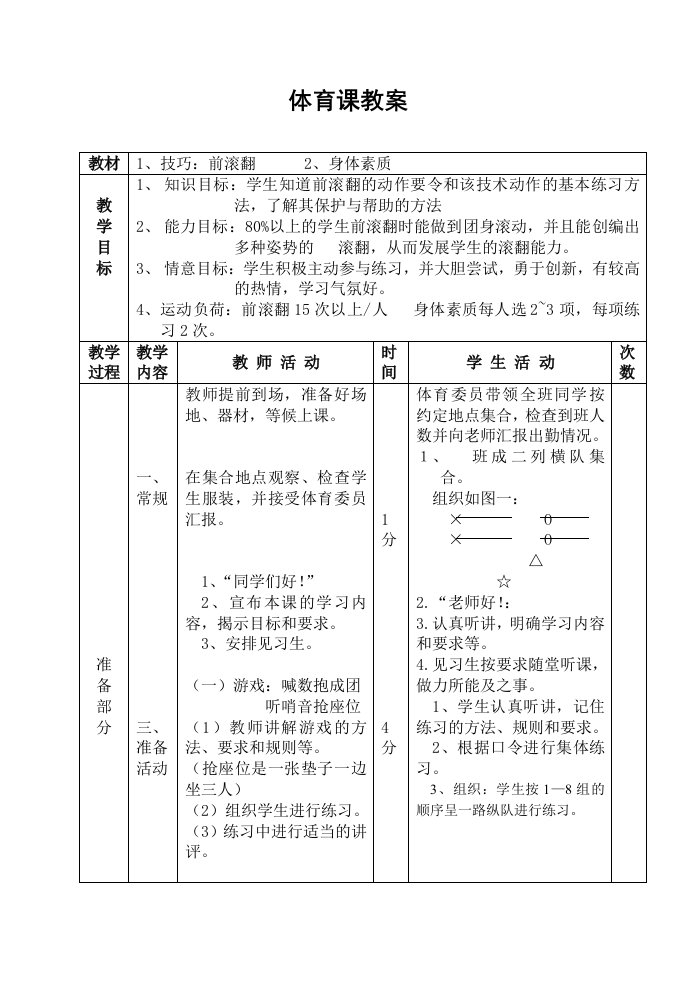 体育课教案(前滚翻、身体素质)