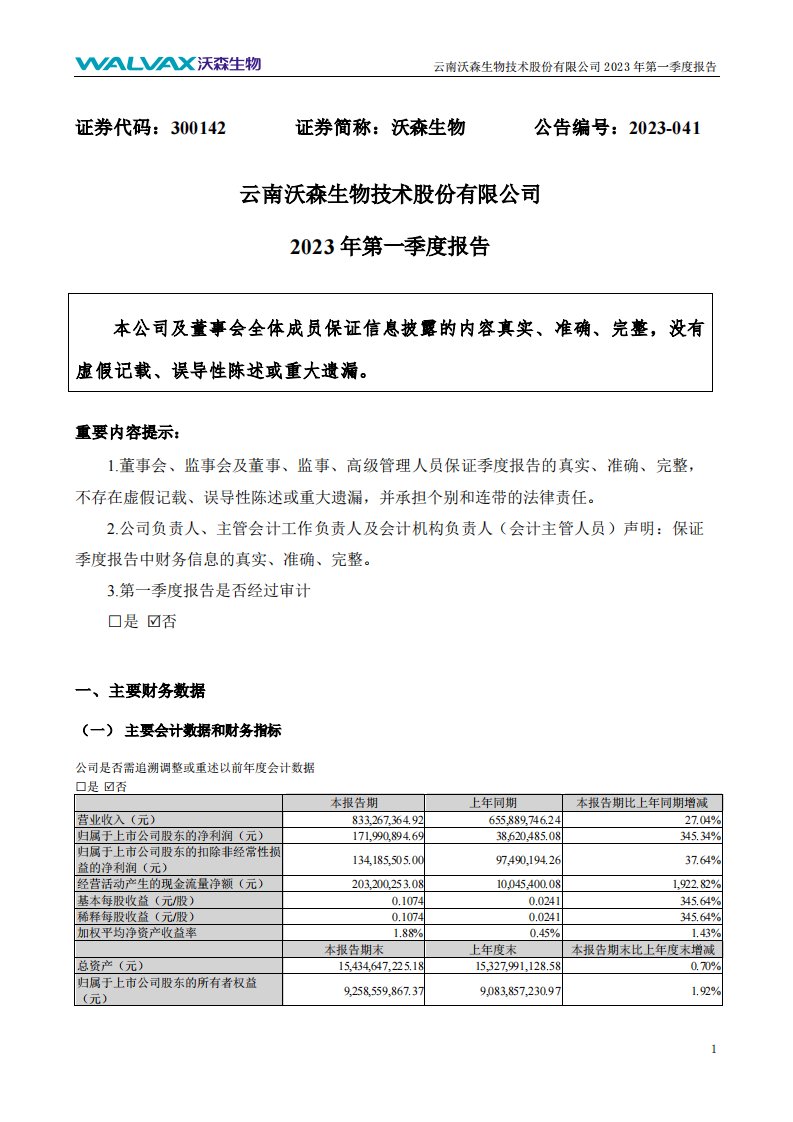 深交所-沃森生物：2023年一季度报告-20230425