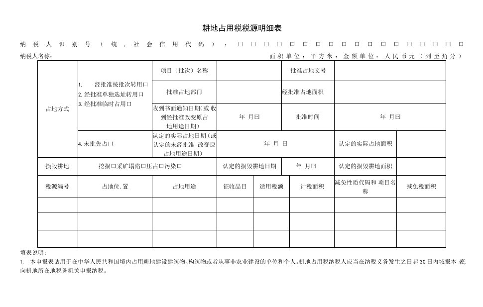 耕地占用税税源明细表