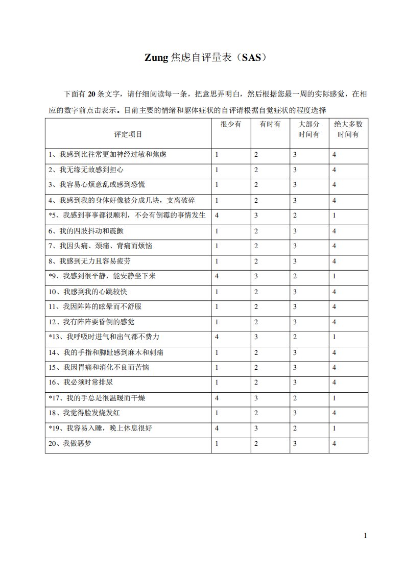 Zung焦虑自评量表(SAS)