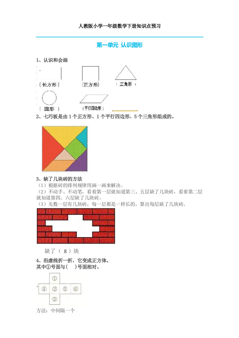 人教小学一年级数学下册知识点大全