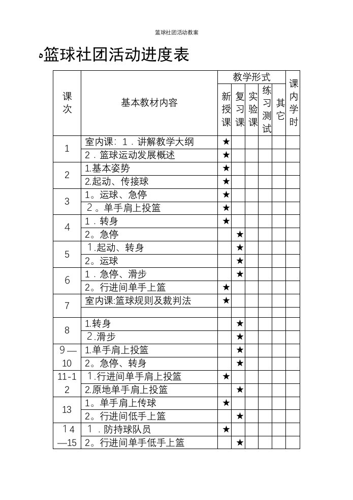 篮球社团活动教案