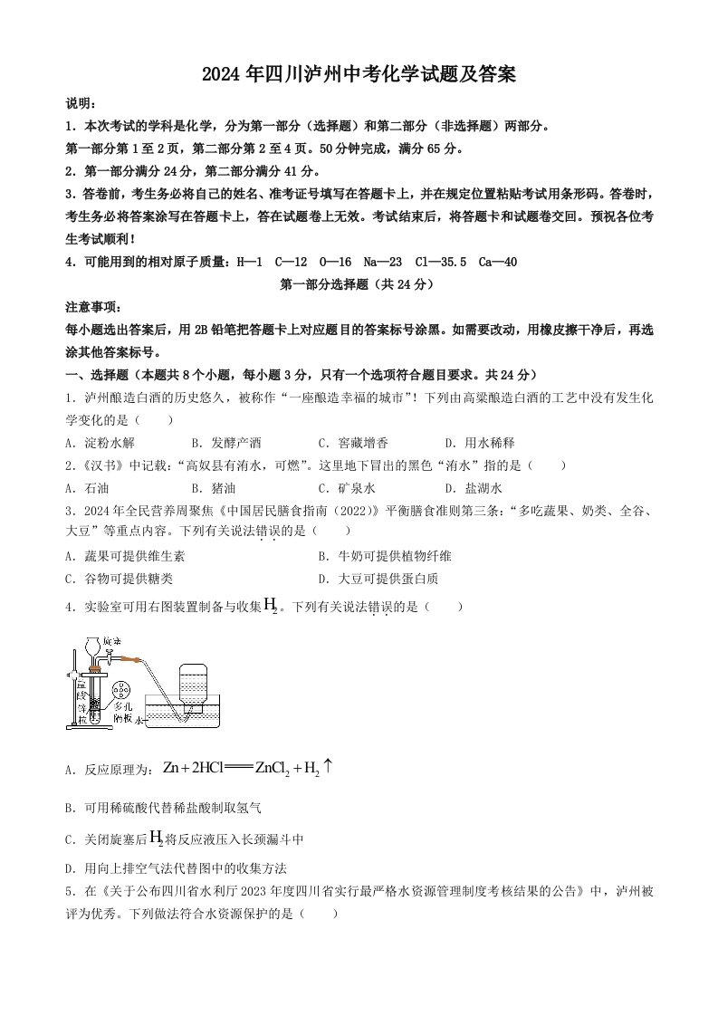 2024年四川泸州中考化学试题及答案