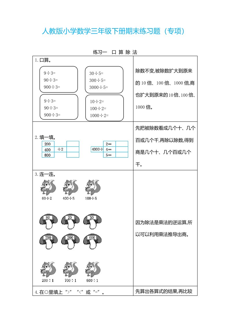 人教版小学数学三年级下册期末练习题(专项)