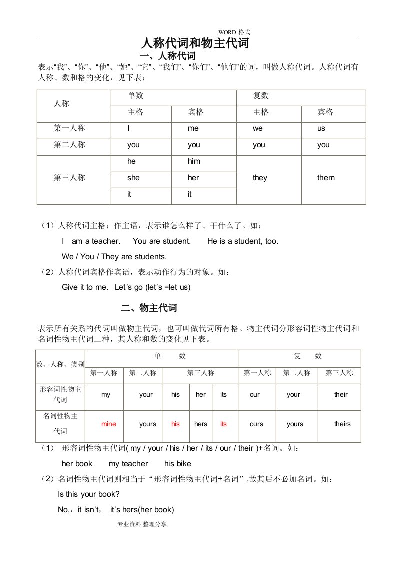 人版初中英语人称代词及物主代词的表格和练习试题