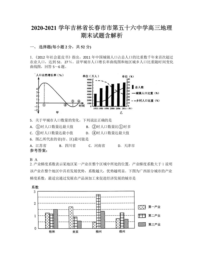 2020-2021学年吉林省长春市市第五十六中学高三地理期末试题含解析