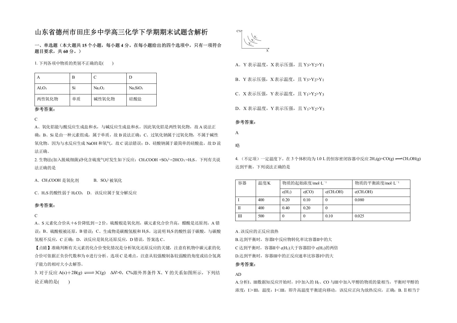 山东省德州市田庄乡中学高三化学下学期期末试题含解析