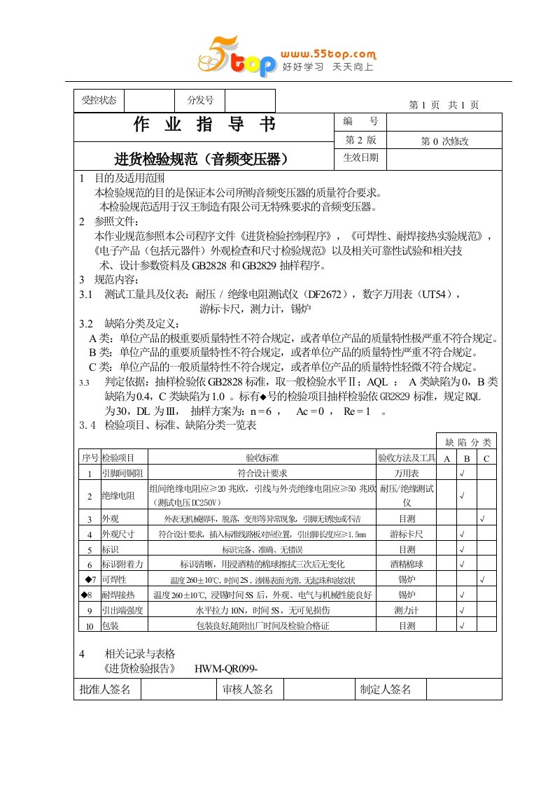 某电子厂进货检验全套作业指导书-资料包(42个文件)作业指导书（音频变压器）-作业指导