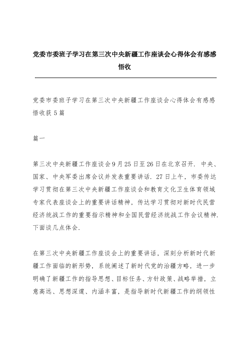 党委市委班子学习在第三次中央新疆工作座谈会心得体会有感感悟收