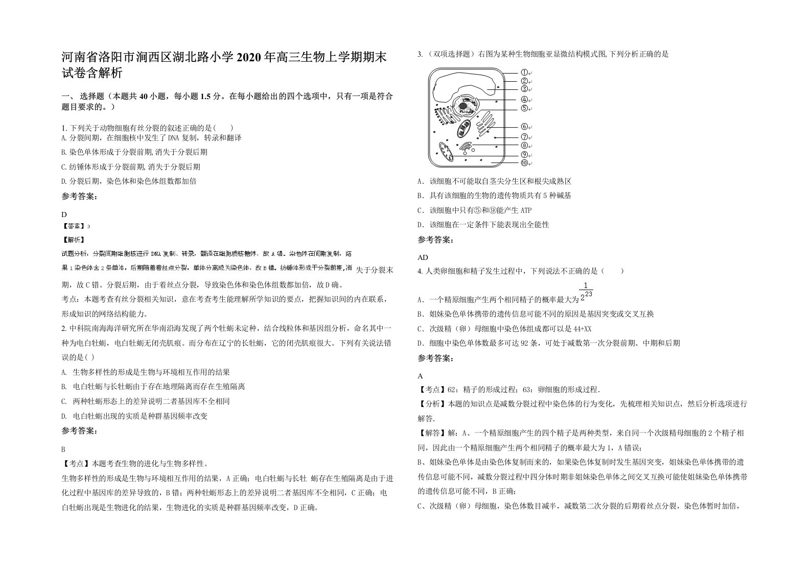 河南省洛阳市涧西区湖北路小学2020年高三生物上学期期末试卷含解析