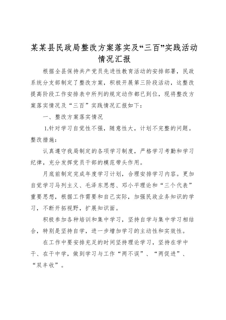 2022年某某县民政局整改方案落实及三百实践活动情况汇报