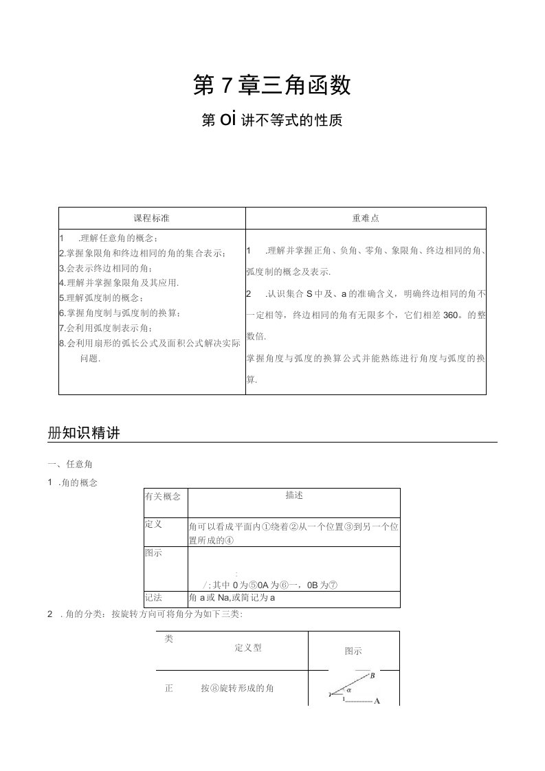 2022-2023学年苏教版江苏高一数学上学期同步讲义第01讲角与弧度（教师版）