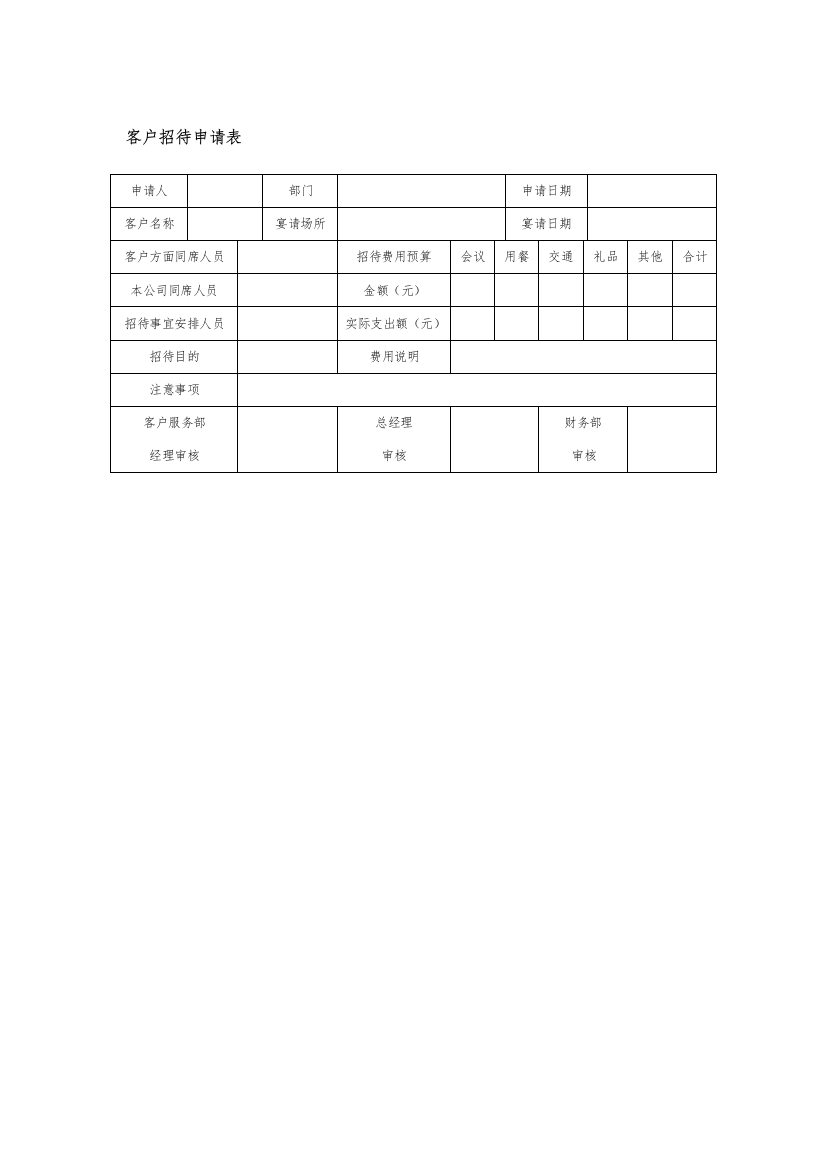 客户招待申请表