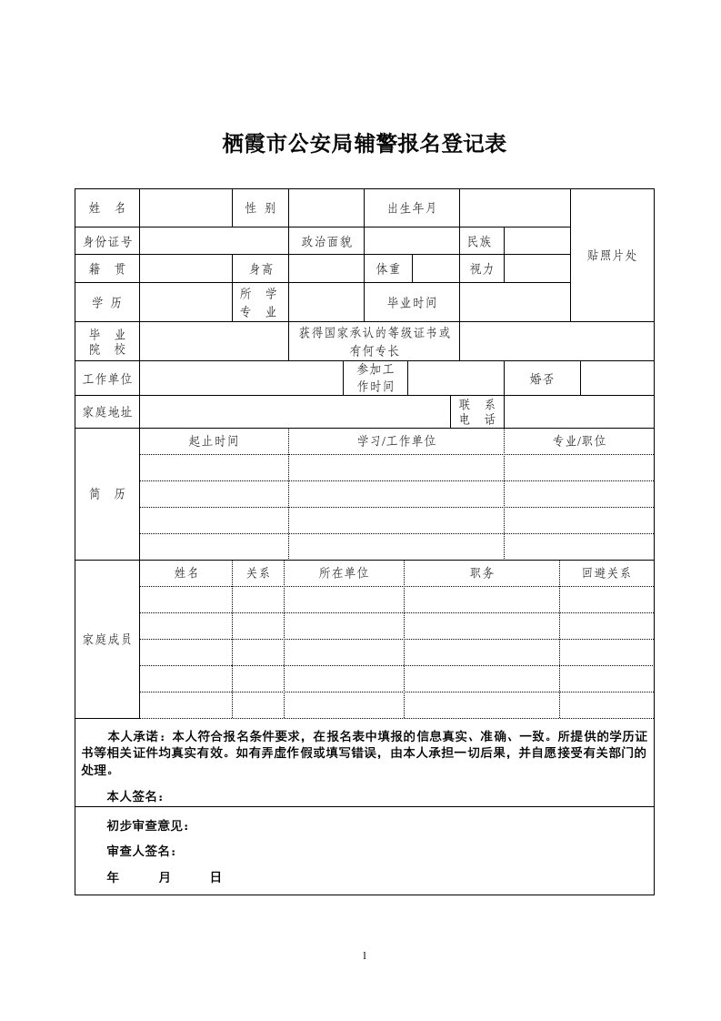 栖霞市公安局辅警报名登记表